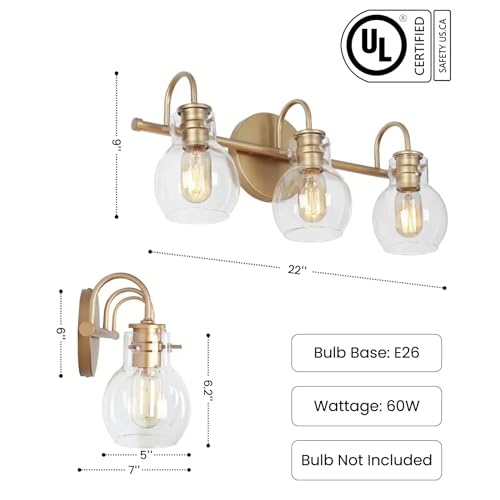 Image of KSANA 3-Light Gold Bathroom Light Fixtures Over Mirror, 22'' Modern Vanity Lights Lighting with Clear Glass Globe