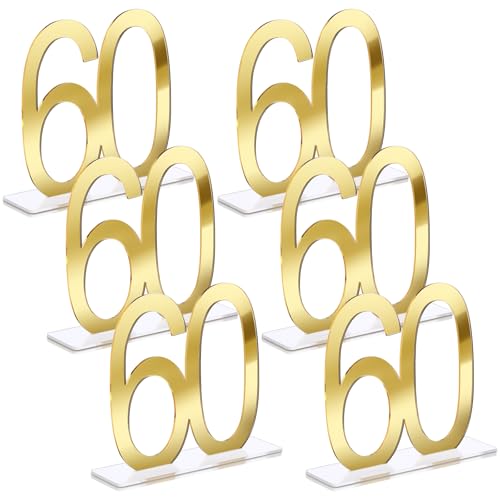 Image of Threehoney 6 Pcs Mirror Gold 60th Birthday Decorations for Men and Women Acrylic Anniversary Decorations Table Numbers Centerpieces for Birthday Party