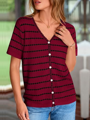 Image of NALANISA Women's Short Sleeve Sweater Spring Summer Crochet Knit Tops 2026 V Neck Striped Button Down Dressy Casual Blouses