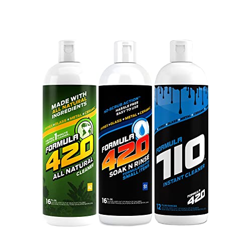 Formula 420 Bundle Pack : 1 Bottle ALL NATURAL Formula 420 Pipe Cleaner - Cleans - Glass, Pyrex, Metal, Ceramic 16 oz, 1 Bottle Formula 420 Soak-N-Rinse 16 oz & 1 Bottle Formula 710 Instant Cleaner 12