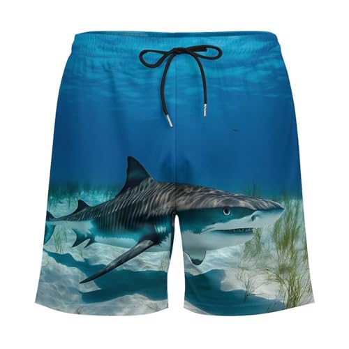 Tiger Shark Ocean Casual Beach Shorts for Men Elastic Waist Drawstring Swim Shorts With Compression Liner3