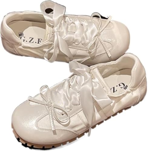 Ballet Sneakers for Women Round Toe Sneakerina Shoes Flats with Bows Satin Cute Retro Kawaii Elegant Dressy Fashion Trendy Tennis Trainers Gifts for Daughter Back to School Spring Summer Outdoors