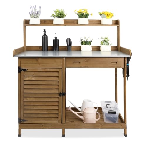 Ketive Outdoor Garden Potting Bench Table, 41" L Wooden Potting Table Work Bench for Horticulture, Waterproof Workstation Table with Metal Tabletop/Cabinet/Drawer/Open Shelf (Brown)