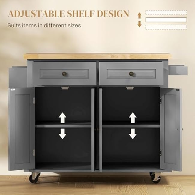 HOMCOM Kitchen Island Cart with Rubber Wood Top, Rolling Kitchen Island Table on Wheels with Drawers, Adjustable Shelves, Spice Rack and Towel Rack for Dining Room, Gray-WZLL9kPn