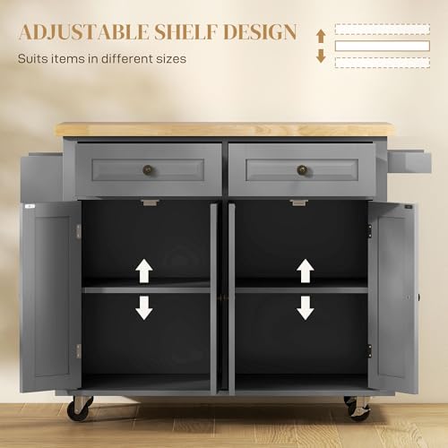 HOMCOM Kitchen Island Cart with Rubber Wood Top, Rolling Kitchen Island Table on Wheels with Drawers, Adjustable Shelves, Spice Rack and Towel Rack for Dining Room, Gray