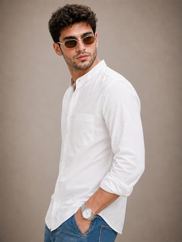 Image of Veirdo Men's Stylish Solid Casual Shirt | Chinese Collar Pure Cotton | Available in Black, Brown, Rust, Olive, White & Navy | Sizes S to XXL