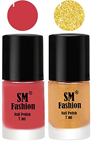 Image of Long Lasting Nail Polish | Nail Paint Combo 7 ml Each) - Set of 2 Punch Pink-Light Golden