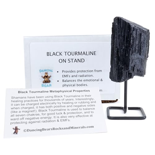 DANCING BEAR Black Tourmaline on Stand, Includes Information Card, Rough Raw Natural Stone for Good Vibes, Reiki Energy, Assembled in the USA