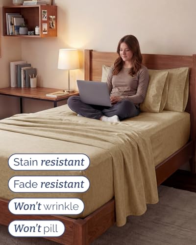 Image of Extra Deep Twin XL Sheet Set - 4 Piece College Dorm Bed Sheets Set with Extra Deep Pockets - Ultra-Soft, Comfy & Breathable Bedding for Women, Men, Kids & Teens - Wrinkle & Fade Free - Heathered Tan