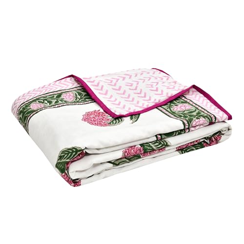 Image of BLOCKS OF INDIA 100% Cotton Dohar King Size Reversible Hand Block Printed Malmal Summer Dohar /Blanket (Pink Green Rose)