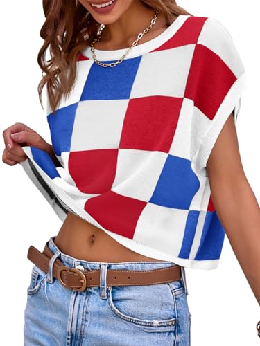 Image of Saodimallsu Womens Cap Sleeve Crop Tops Summer Color Block Going Out Crew Neck Knit Trendy Casual Sweater