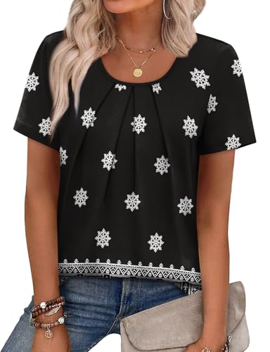 Image of WIHOLL Women T Shirts Pleated Short Sleeve Tops Business Casual Dressy Blouses
