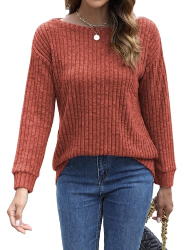Image of Womens Sweaters Long Sleeve Shirts for Women Drop Shoulder Boat Neck Lightweight Tops Dressy Casual Trendy Caramel