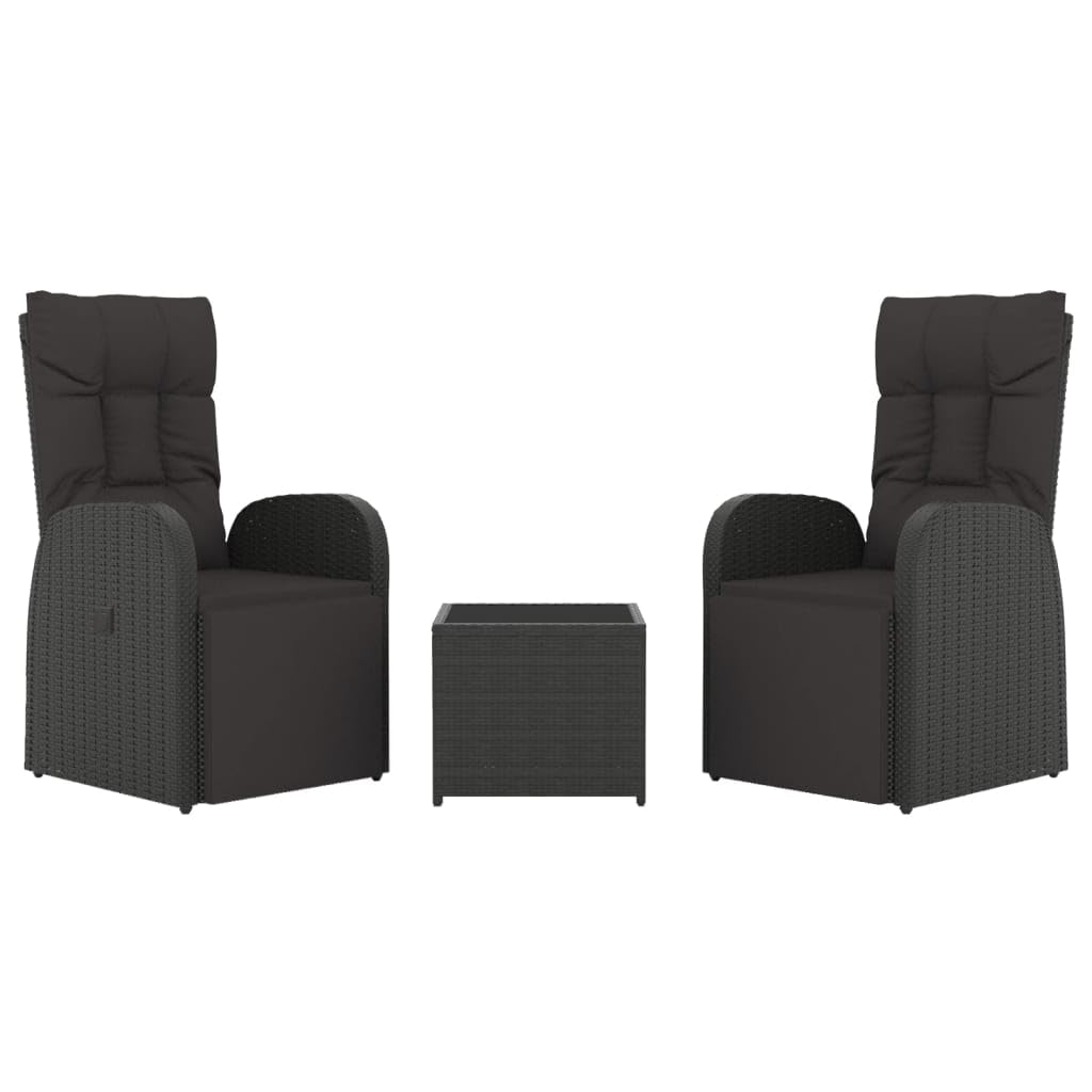 Juego de 3 sillas de jardín de ratán sintético y acero, color negro, con cojín acolchado grueso y mesa de cristal templado, máx. 110 kg por asiento