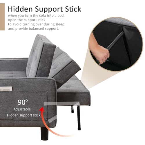 IPKIG 106" Futon Sofa Bed with 2 Storage Ottoman/Coffee Table, Convertible Sleeper Sofa, Split-Back 3-Seater Couch Sofabed with Side Pockets for Living Room Home Office Meeting Room Studio (Grey) - Thumbnail 3