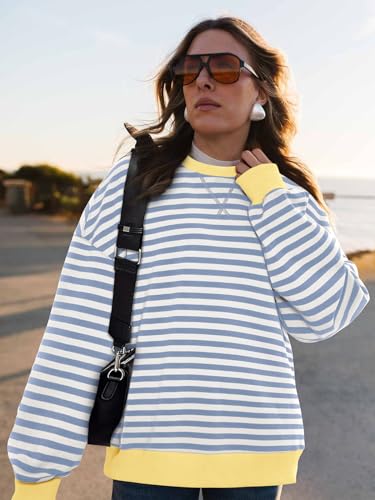 Image of PRETTYGARDEN Womens Striped Oversized Sweatshirt Color Block Crew Neck Long Sleeve Casual Loose Pullover Top Y2K Clothes
