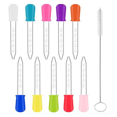 Diffaxy 10 piezas Pipeta de silicona gotero, gotero de líquido de plástico de 5 ml con cepillo de limpieza, pipetas para moldes de dulces, moldes de goma y manualidades DIY