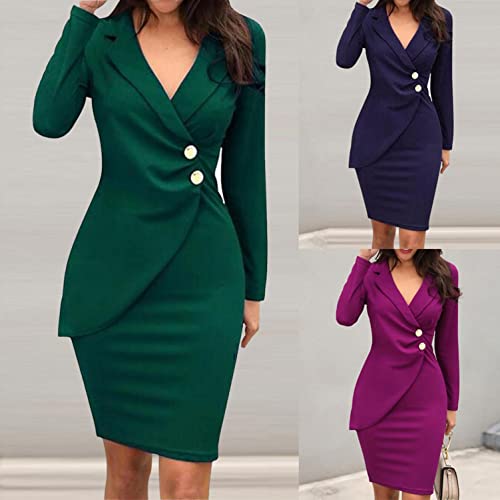 Women's Pencil Work Dresses Long Sleeve V-Neck Bodycon Business Blazer Dress Solid Turn Down Buttons Formal Dress3