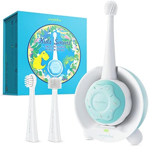 ARPHA Kids Electric Toothbrushes Age 1-8, Rechargeable Toddler Timer Toothbrush with 3 Kid-Sized Brush Heads, Yellow Light Technology, Blue Dinosaur Package