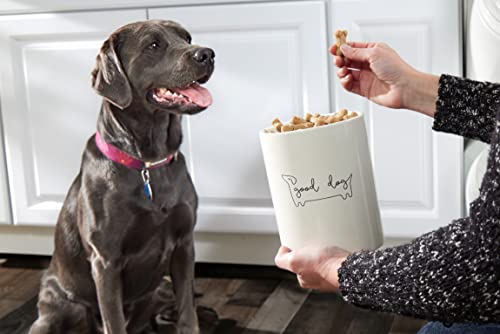 Pearhead Good Dog Treat Jar, Holds 4 Cups, Ceramic and Wood Pet Treat Canister, Neutral Modern Kitchen Decor, Pet Accessories, Dog Biscuit Storage Jar, Freshness Seal