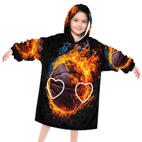 Kids Blanket Hoodie Sports Basketball Fire Wearable Blanket Hoodie Oversized Hooded Blanket, Sweatshirt Blanket with Pockets Soft Warm Kids Hooded Blanket for Girls, Boys