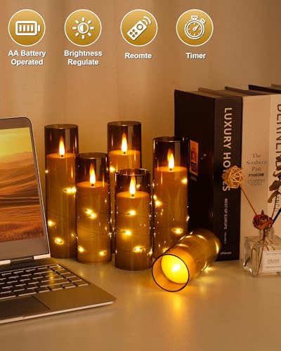 Image of Enido Flameless LED Candles with Remote & Timer, Battery Operated Acrylic Pillar Set, 10 Pc Flickering Electric Lights with Embedded Star String for Cozy Home & Holiday Romantic Decor (Grey)