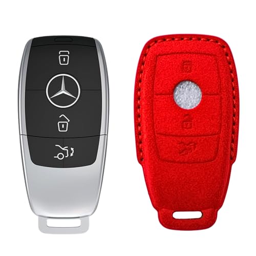 Image of KMH Alcantara Car Key Cover Compatible with Mєrcєdєs W205, E320L, C200, C180, C260, C300 Series Model 3 Buttons Shell Case Holder Full Key Protector Smart Keycover, Red - Pack of 1