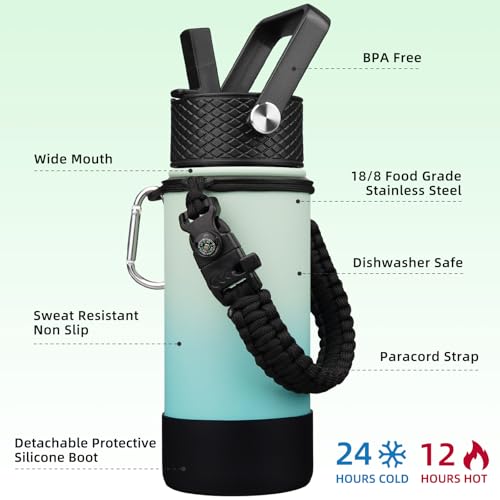 Image of BJPKPK 18oz Insulated Water Bottle with 3 Lids, Straw Lid & Handle