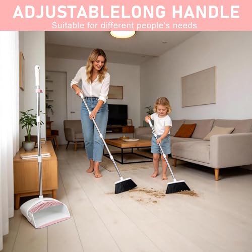 Image of Broom with Dustpan Combo Set for Home, 52-in Long Adjustable Handle Angle Broom and Dustpan Set with Dustpan Comb Teeth for Sweeping Pet Hair Food Dirt Kitchen (White-Pink)