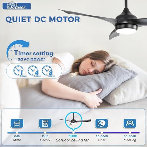 Image of Sofucor 52 Inch Smart Modern Ceiling Fan with Light, Black 3 ABS Blades | Alexa /Google Assistant /APP /Remote Control, Reversible DC Motor, Timer, 6 Speeds, 3-CCT for Living Room Bedroom Patio