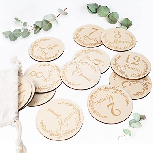 14 Stück Hölzerne Baby Monatliche Meilensteinkarten, SOARFLY Holz Meilensteinkarten für das erste Jahr, Foto-Requisiten, Geschenk für werdende Mütter & Eltern Cover