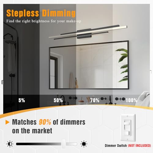 Image of Modern LED Vanity Light 48 Inches Long Black LED Wall Light Over Vanity Mirror Hardwired Wall Mount Lighting Fixture 5CCT(3000K /3800K /4500K /5200K /6000K) Dimmable Bathroom Wall Mount Lighting