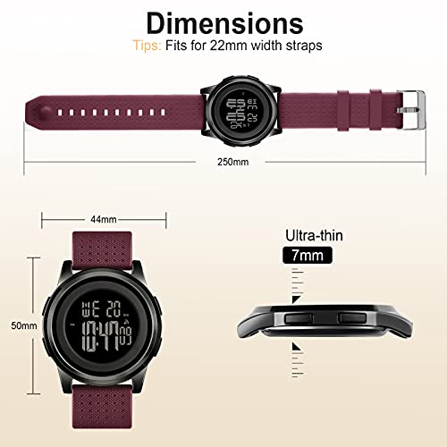 YUINK Mens Watch Ultra-Thin Digital Sports Watch Waterproof Stainless Steel Fashion Wrist Watch for Men Women, Burgundy, L, Ultra-thin Digital sports watch