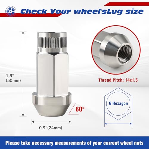 Image of M12x1.5 Wheel Lug Nuts Set,20pcs Stainless Steel Extended Tuner Nuts，50mm Length 19mm Hex，Conical Seat Fits The Honda Civic,Jeep Compass, Honda Accord, Chevy Malibu,Ford Escape