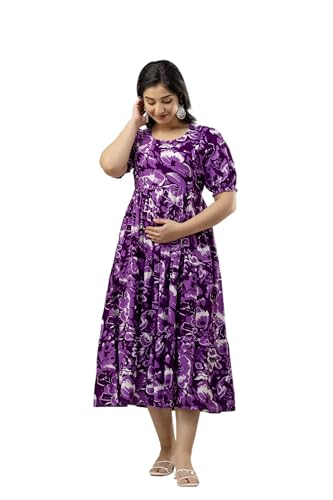 Image of Women's Rayon Anarkali Maternity Ankle Length Dress, Pregnancy Dress,Feeding Kurti,Easy Brest Feeding Dress, with Both Side 9 inch Zipper and Belt