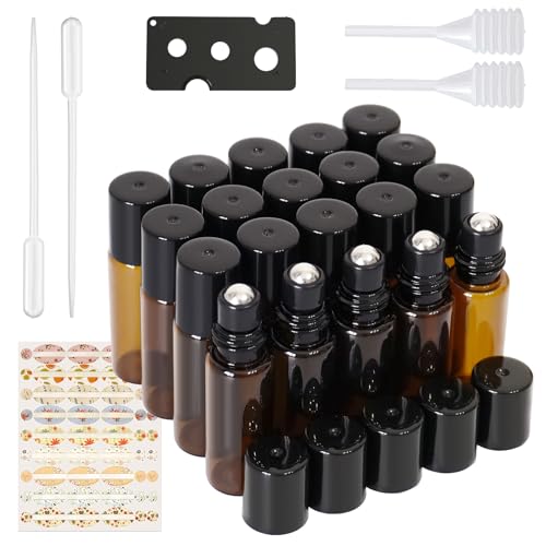 YFPOPONE Roll on Rellenable 16 Piezas Roll on Aceites Esenciales 5ml Ámbar Botellas Roll on con Roll-on Bola de Acero Inoxidable para Masajes,Botella de Laboratorio Mezclas de Aromaterapia