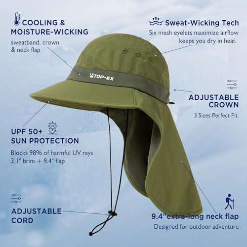 Image of TOP-EX Cooling Sun Hat with Neck Flap - UPF 50+ Wide Brim Breathable Hat for Hiking, Fishing & Big Heads