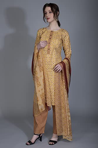Image of DHRUVI TRENDZ Cotton Kurta Set With Dupatta For Women | Kurta Set For Women | Festive Kurta Set For Women | Regular Fit Kurta