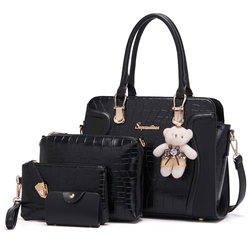 Image of Women's Fashion Handbag Tote Bag Shoulder Top Handle Satchel Purse Set 4pcs | Stylish Style,Chain Texture Design,Ample Space,Bear Doll Decoration,with a Crossbody Strap