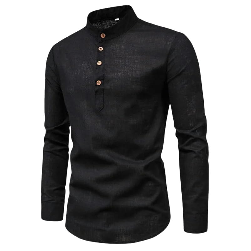 Chemise coton et lin homme manche longue vêtement été col maure couleur unie casual