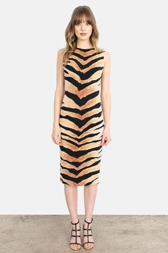 Women's Sleeveless Boat Neck Below Knee Midi Animal Print Dress Wedding Cocktail Party3