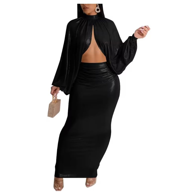Vestido de PVC estilo capa de club, metalizado, brillante, con parte superior recortada y falda larga delgada, conjunto de 2 piezas para mujer, vestido de fiesta de noche personalizable