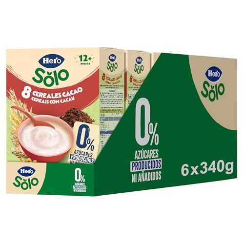 Hero Solo Papilla 8 Cereales con Cacao, Sin Azúcares Añadidos, Rica en Fibra y Vitaminas, Sabor Natural para Bebés, a partir de 12 meses