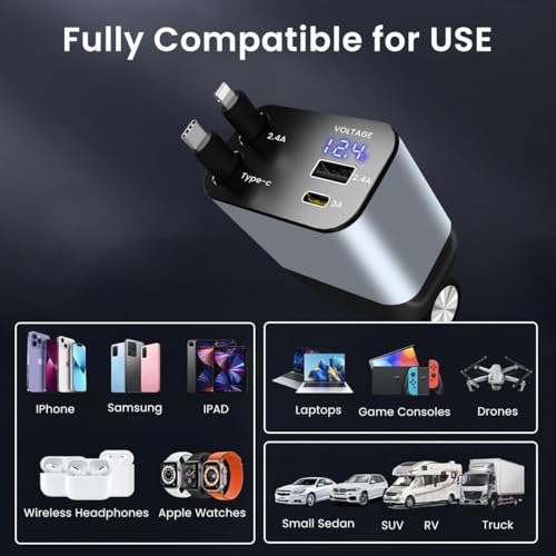 Image of Retractable Car Charger 4 in 1 Car Fast Charger 66W with Dual Retractable Cables & USB Port Compact Design for Efficient Charging Car Mobile Charger Fast Charging