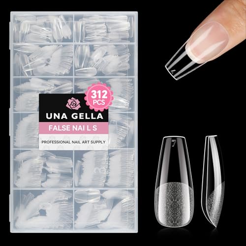 UNA GELLA Medium Coffin Nails Tips 312Pcs Pre-Etched Gel Nail Tips Coffin Press On Nails Clear Full Cover for Nail Extensions & DIY Art Salon at Home Long Lasting 12 Sizes