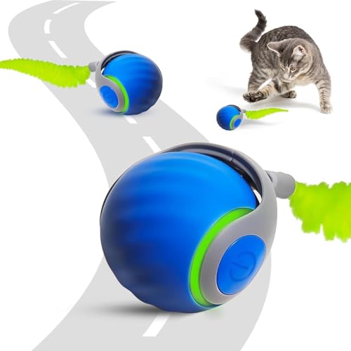 Image of Interactive Cat Toys for Indoor Cats, Rechargeable Moving Cat Ball with Feather Tail, 2 Speeds Automatic Kitten Toys for Bored Indoor Cats,Motion Activated Rolling Ball Toy Multicolour (Pink or Blue)