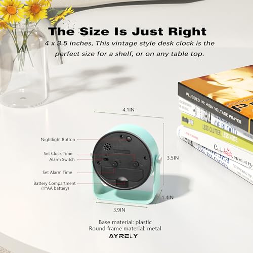 AYRELY® 3.5 Inch Small Analog Alarm Clocks,Battery Operated Desk Clock,Cute Table Clock with Light，Adjustable Angle for Travel,Bedside,Bedroom,Kids,Living Room Decor(Light Blue)