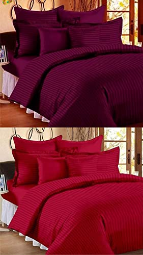Image of Combo Pack of 2 Cotton Satin Stripes Plain Bedsheets for Double Bed with 4 Pillow Covers for Home, Hotels Rooms, Guest House (Color- Maroon & Red)
