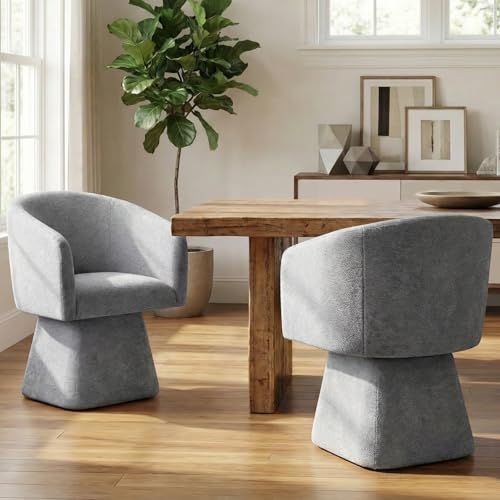 Image of VKNOW Upholstered Swivel Dining Chairs Set of 2 with Barrel Back and Arm | Modern Accent Arm Chair with Thickened Cushion, Soft Chenille Fabric, for Dining Room, Living Room, Vanity, Gray