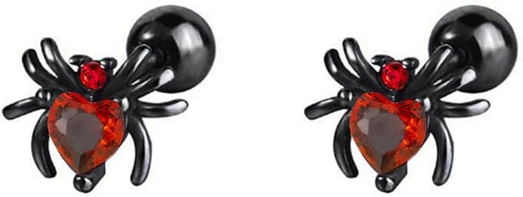 Punk 20g Black Spider Red CZ Cartilage Halloween Tiny Stud Earrings for Women Men Stainless Steel Animal Crystal Heart Love Screw Back Tragus Helix Small Studs Earring Cute Gothic Party Jewelry Gifts